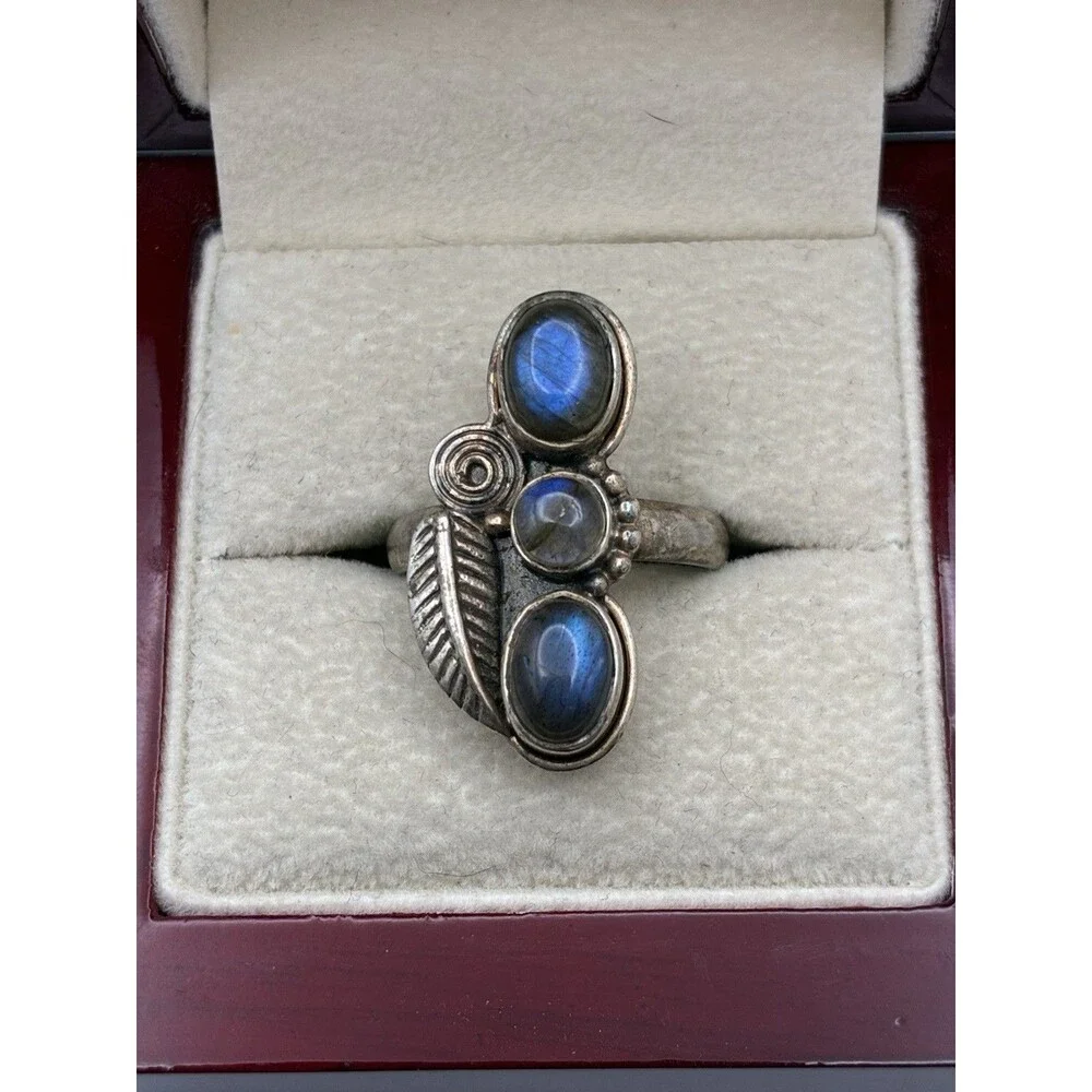 Triple Stacked Labradorite Feather Native American Style 6.2gStatement Ring Sz 9